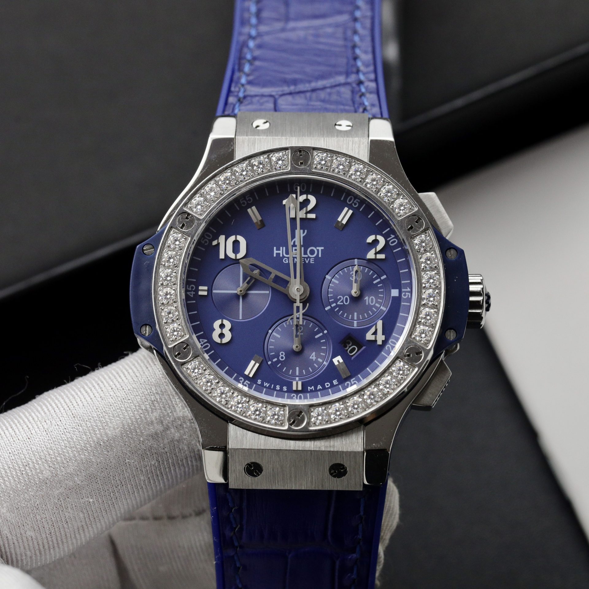 DACF6EE3-117C-6D3F-135F-CA8CCA75A58D.jpg Hublot Fake Watch Big Bang Chronograph Blue Custom Moissanite Diamonds 44mm - Image 1