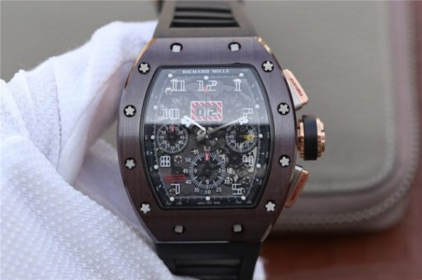 DC136249-A40E-5879-F835-0A32AEBF4392.jpg Replica Richard Mille RM011 Brown Ceramic RG Chrono Skeleton Dial Black Rubber Strap A7750 - Image 1