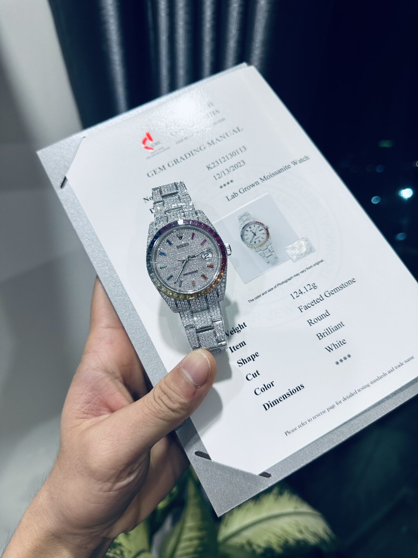 DEE7510A-58DF-AC52-D6A7-9F90392412B0.jpg Rolex DateJust Rainbow Replica Watch Custom Moissanite Diamonds 41mm - Image 1