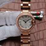 Replica Cartier Ballon Bleu 28mm RG Diamonds Bezel White Dial Bracelet Ronda Quartz
