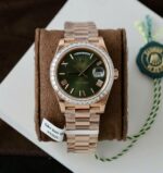 Rolex Day-Date Geen Dial Copies Watches Gold Wrapped + Diamonds Moissanite Baguette 40mm - Image 2
