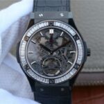 Replica Hublot Classic Fusion Tourbillon 42mm TF SS PVD Diamonds Bezel Skeleton Dial Gummy Strap A23J
