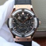 Replica Hublot Classic Fusion Tourbillon 42mm TF RG Skeleton Dial Black Gummy Strap A23J