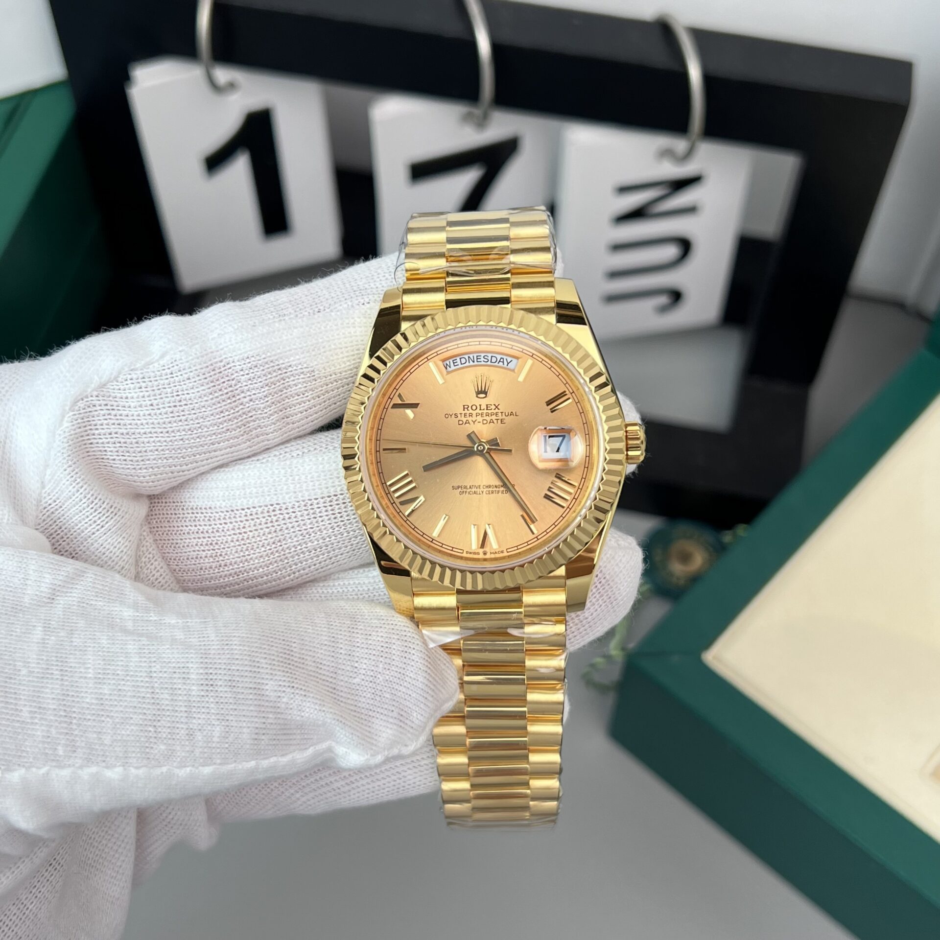 E888B15B-18CC-5BF7-5747-32A46564096D.jpg Rolex Day-Date Gold Wrapped Replica Watch Champagne Gold Dial GM V2 40mm - Image 1