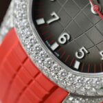 Patek Philippe Aquanaut 5167 Rep 11 Watch Custom Moissanite Diamonds Red Rubber Strap 40mm - Image 7