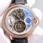Replica Cartier Ballon Bleu Skeleton Tourbillon Diamond Bezel RG White Dial