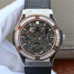 Replica Hublot Classic Fusion Tourbillon 42mm TF RG Bezel Skeleton Dial Black Gummy Strap A23J