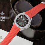 Patek Philippe Aquanaut 5167 Rep 11 Watch Custom Moissanite Diamonds Red Rubber Strap 40mm - Image 3