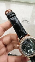 Replica PATEK PHILIPPE 6104P Moon RG Black Dial Diamond Bezel on Black Leather Strap A240 V2 - Image 3