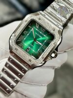 Cartier Santos Replica Watch Custom Moissanite Diamonds Dial Green BV Factory 39.8mm - Image 9
