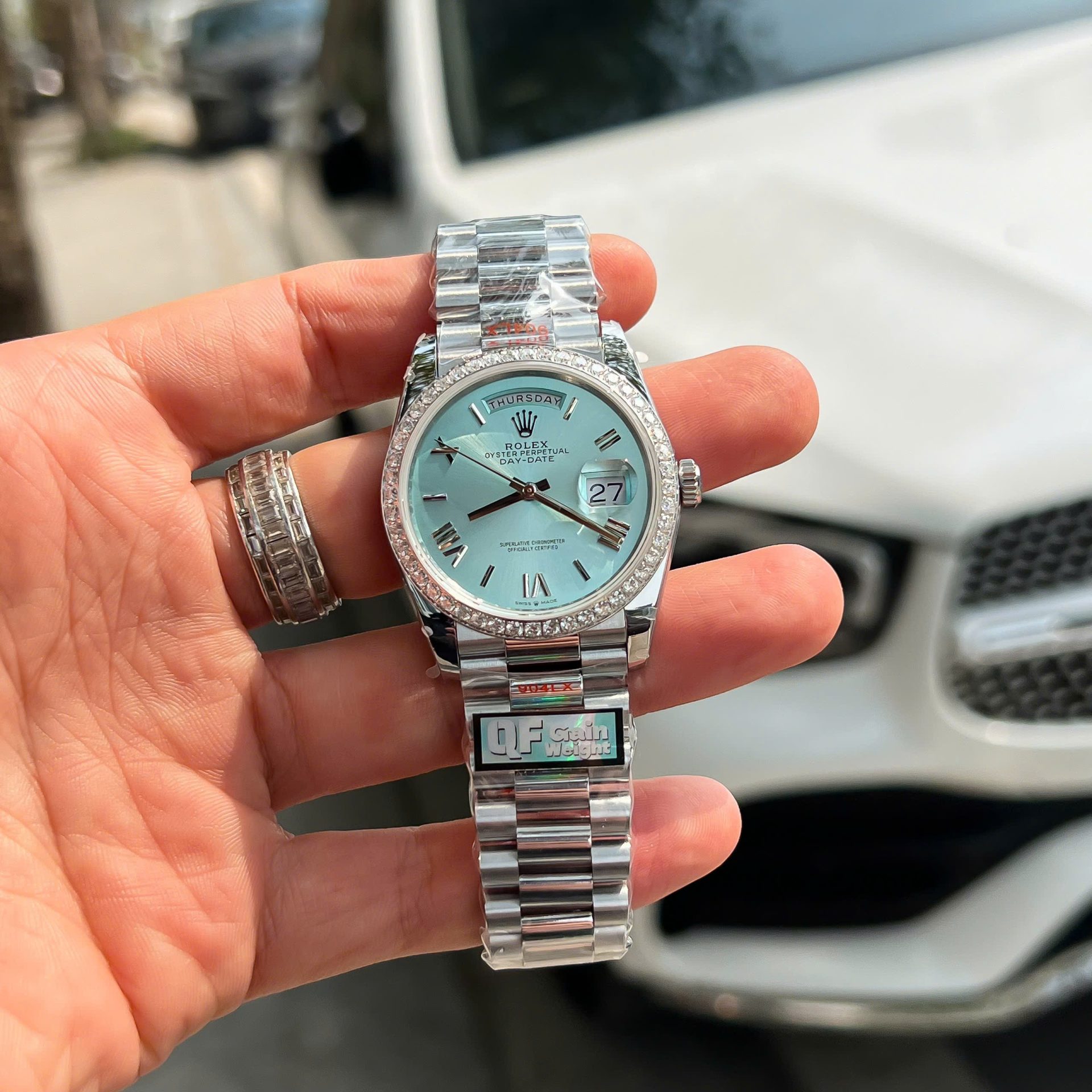 FE173D0F-2177-F265-0C2A-7DB3F080A4D0.jpg Rolex Replica Watches Watch Day-Date Ice Blue Weight 158Grams Bezel Diamonds Moissanite QF 36mm - Image 1