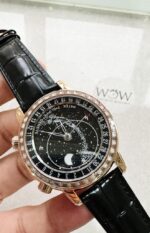 Replica PATEK PHILIPPE 6104P Moon RG Black Dial Diamond Bezel on Black Leather Strap A240 V2 - Image 2