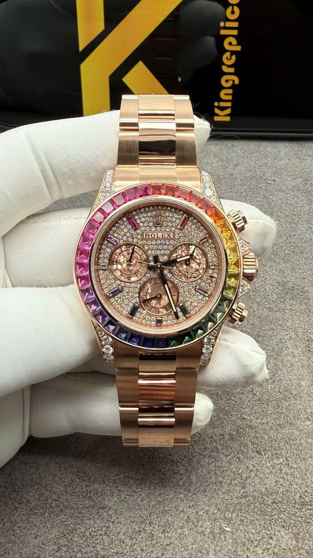 FEFD81B9-2939-46A0-C711-F70BC4BF16A7.jpg Rolex Daytona Rainbow Watch Crafted in Solid Gold with 40mm Natural Diamonds - Image 1